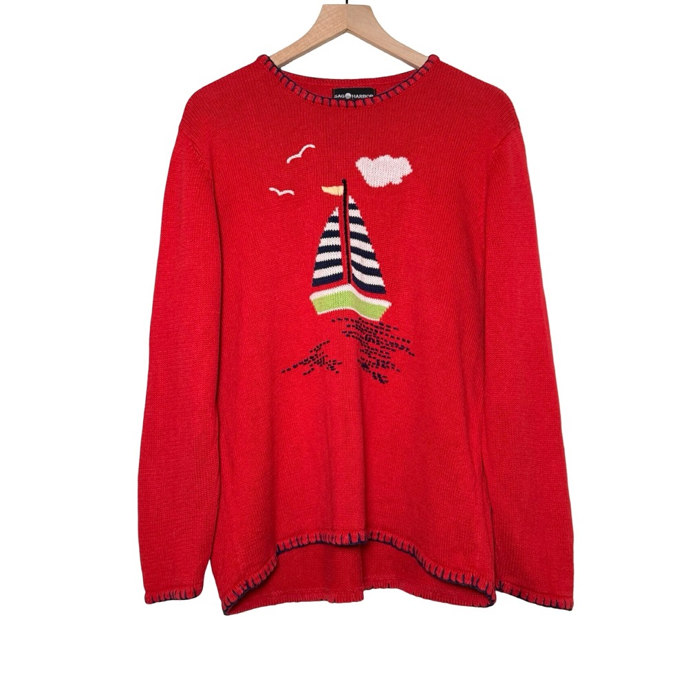 Sag Harbor Vintage Nautical Sailboat Sweater Red Knit Crewneck XL